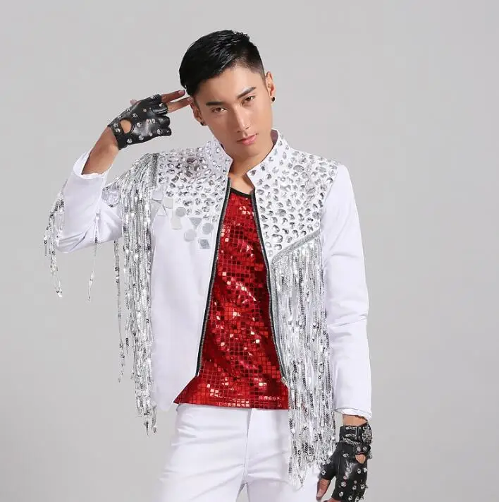 Men White Costumes Sequin Jacket Tassel 1