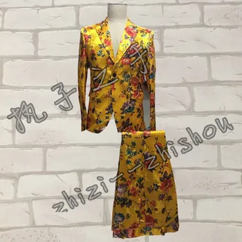 

Free ship 100%real mens golden flower embroidery jacqurd tuxedo suit /event/stage performance/club/studio suit/jacket with pants