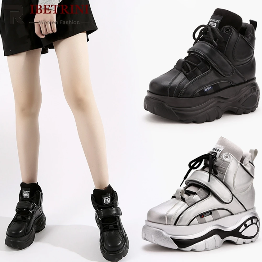 

RIBETRINI INS hot New Fashion Microfiber Women Platform Sneakers lace-up Flat Platform Height Increasing Shoes Woman