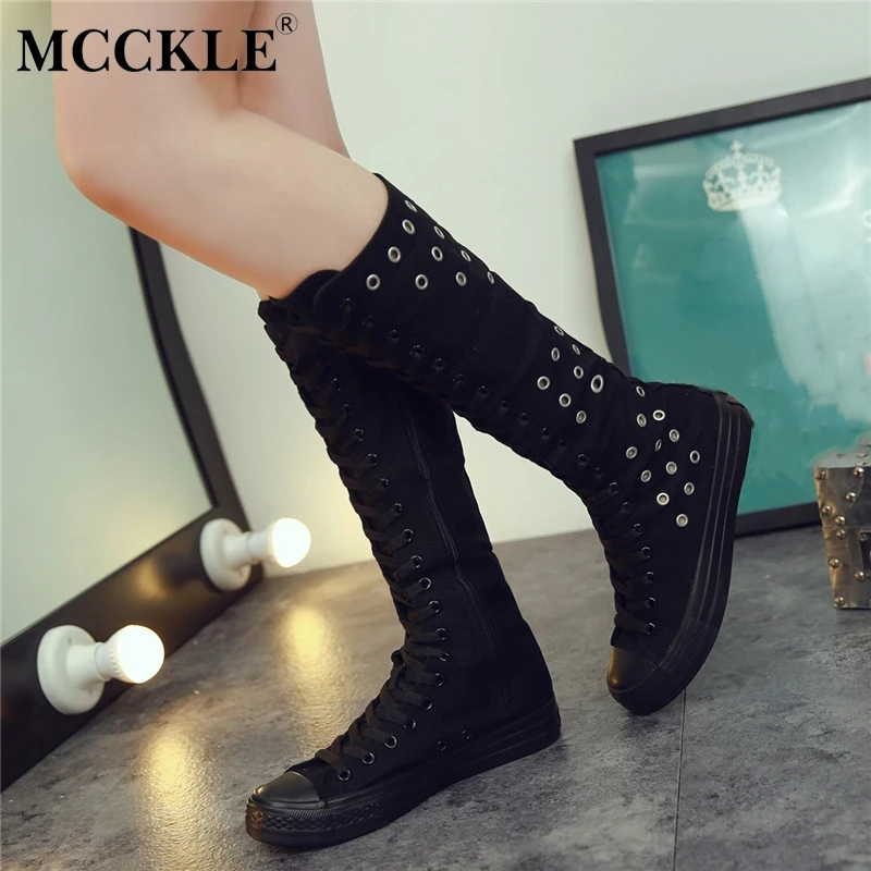 

MCCKLE Plus Size Women Casual Flat Calf Boots Female Canvas Lace Up Zipper Platform Vulcanized Shoes Ladies Hollow Breathable