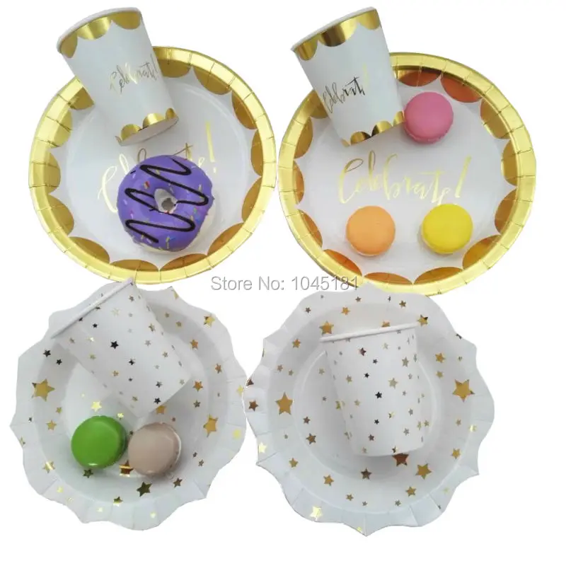Gold and White Party Decor Dessert Table Cake Plates Paper Cups Petite
