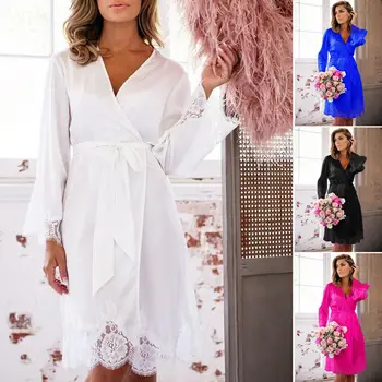 

Trendy Women Robes Sexy Silk Satin Deep V Bathrobe Pajamas Robe Lingerie Sleepwear Nightwear