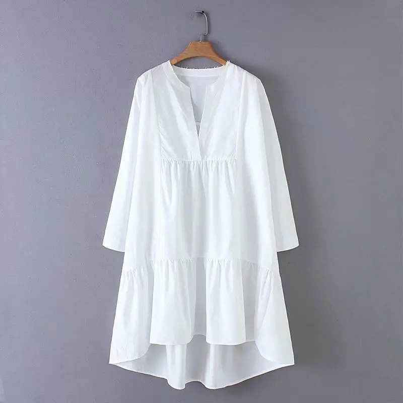 Billig 2019 neue frauen mode v ausschnitt einfarbig unregelmäßigen rand lose eine linie kleid weibliche süße langarm casual weiß vestidos DS2057