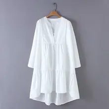 2019 neue frauen mode v-ausschnitt einfarbig unregelmäßigen rand lose eine linie kleid weibliche süße langarm casual weiß vestidos DS2057