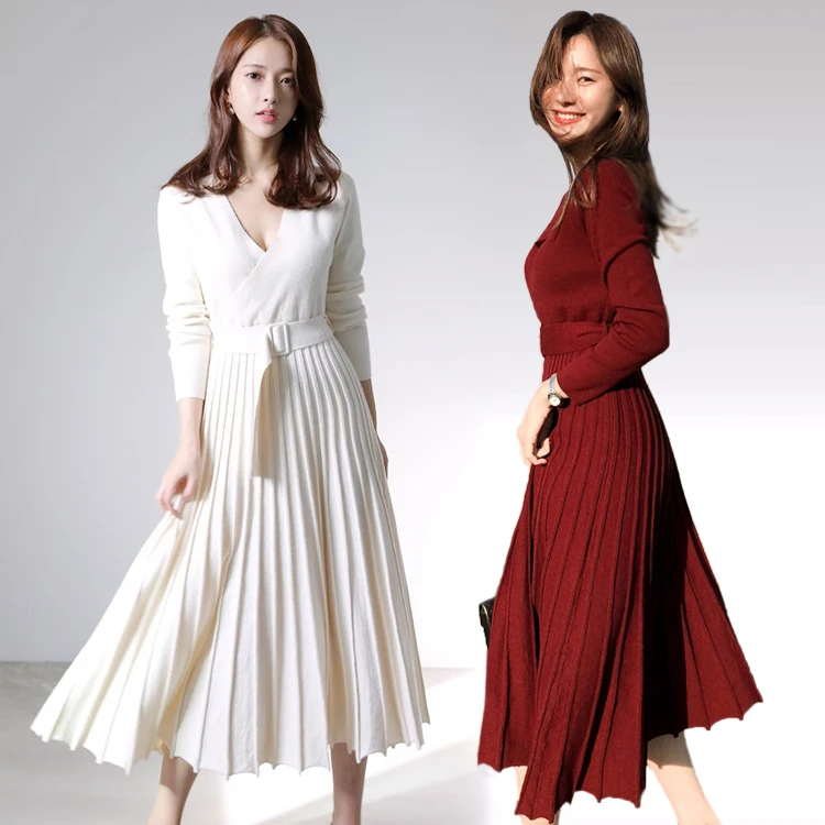 Cena HAMALIEL New Fashion Women dzianinowa sukienka plisowana jesienno zimowa z długim rękawem gruba sweterkowa sukienka na co dzień seksowna sukienka z wstęga