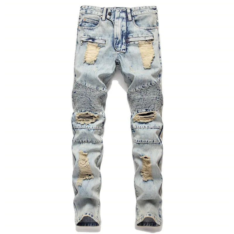 

Newsosoo Fashion Men Ripped Motorcycle Jeans Straight Biker Denim Trousers Pants For Man Washed Distressed Moto Jean Joggers