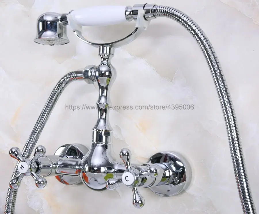 

Modern Chrome Wall Mounted Bathroom Faucet Bath Tub Mixer Tap With Hand Shower Head Shower Faucet Bna191