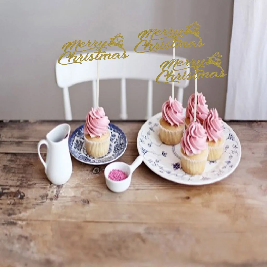 10pcs Merry Christmas Deer Elk Celebration Wedding Cake Topper Cupcake Inserts Reception Decoration Toppers 