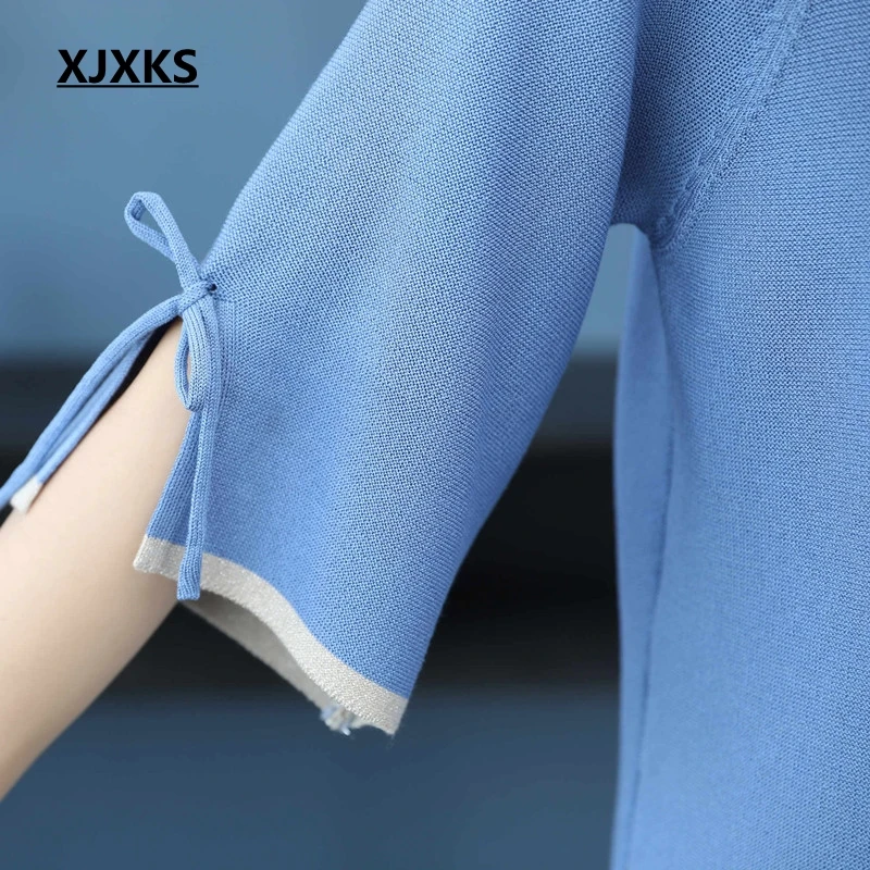 XJXKS/Летняя женская футболка для молодых женщин; Новинка года; тонкие повседневные топы с бантом; удобные вязаные топы с короткими рукавами для молодых женщин