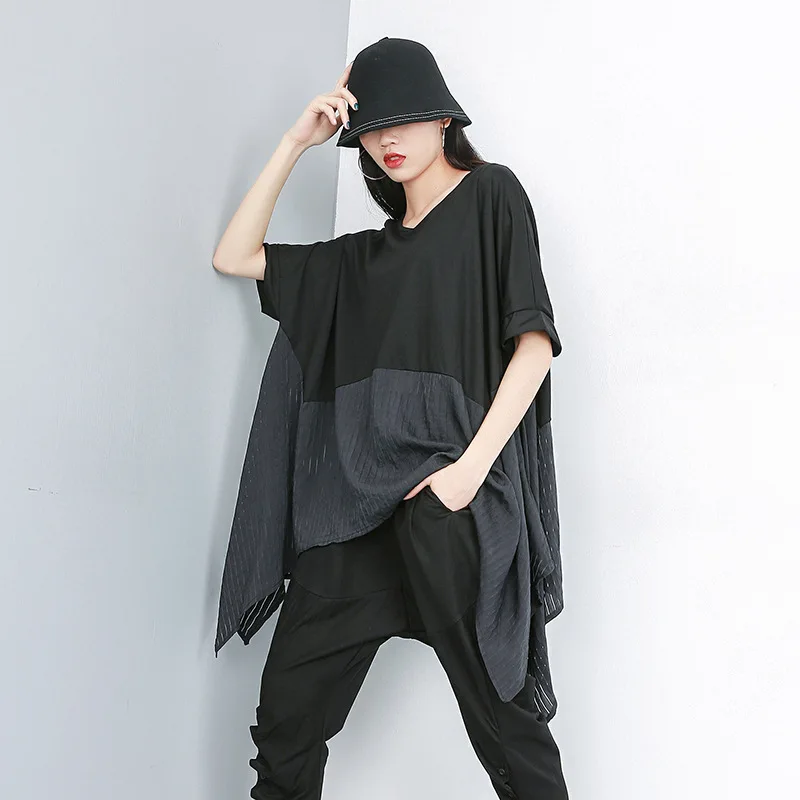 

Johnature New Batwing Summer New Solid Color Women Tops Loose Streetwear Style O-neck Long Patchwork Fashion T-shirts
