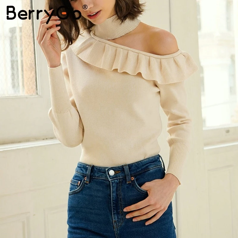 

BerryGo Elegant ruffle Halter women knitted sweater Casual hollow out pullover femme jumper Fashion autumn winter ladies sweater