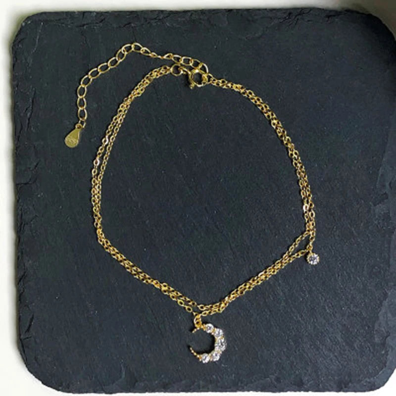 Qevila Bohemian Anklets on the leg Summerbeach 100% 925 Sterling Silver with gold Zircon Moon Multi-layer leg bracelet for women (3)