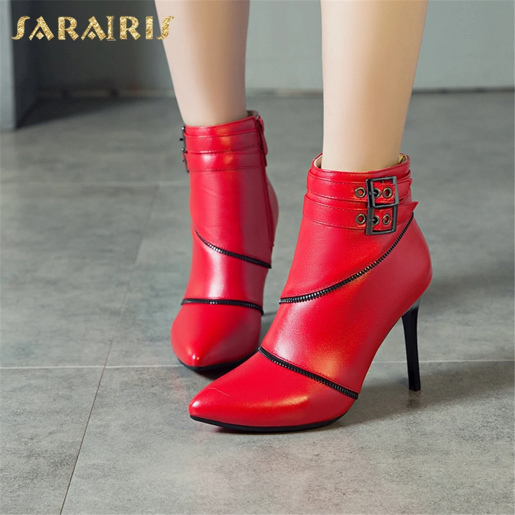 

Sarairis New Hot Dropship Plus Size 35-50 Thin High Heels Shoes Woman Boots Female Zip Up 5 Colors Ankle Boots Woman Shoes
