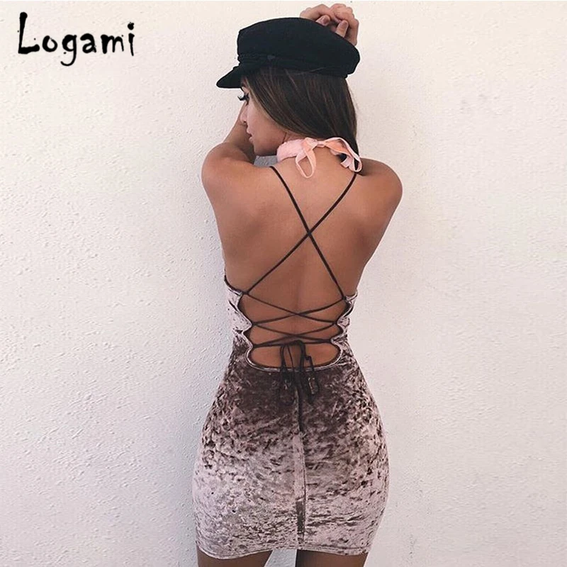

LOGAMI 2018 Spring Summer Backless Bodycon Women Sexy Club Dress Mini Bandage Velvet Dress Sleeveless Butterfly Ladies Dresses