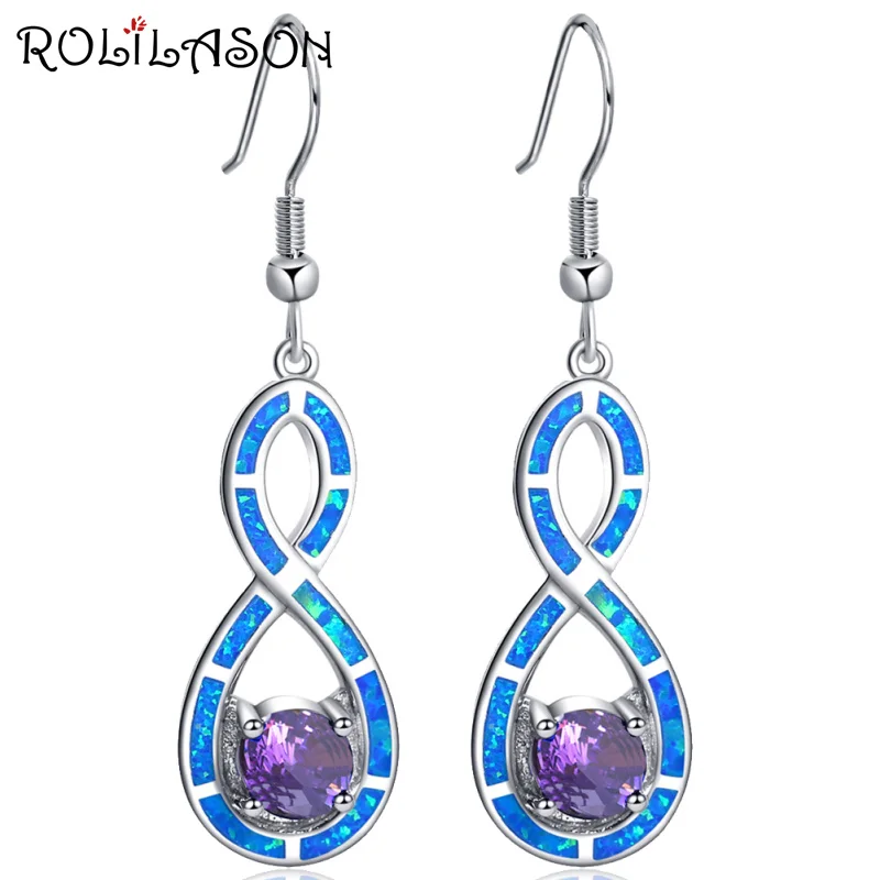 

ROLILASON Trendy Drop Earrings 925 Silver purple zircon blue opal Symbol Shape Desgin party gift for Women Fashion Jewelry OE706
