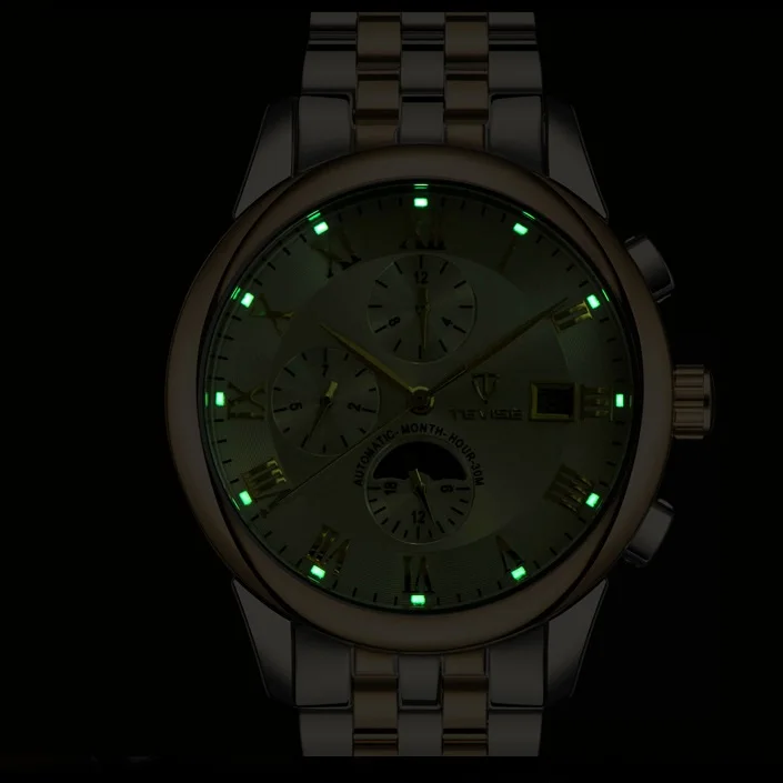 TEVISE ساعات رجالي التلقائية الميكانيكية ووتش القمر المرحلة للماء مضيئة تاريخ التلقائية ووتش الرجال الصبي المعصم 2017 جديد