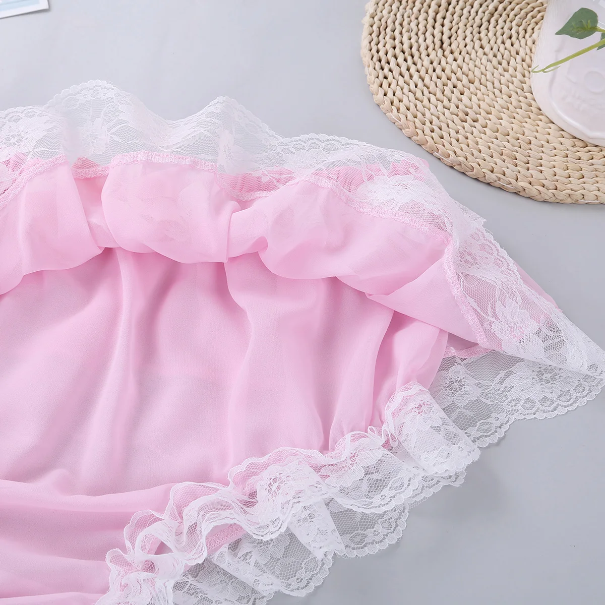 Gay Male Sexy Sissy Set Men Ruffled Lace Chiffon Lingerie Set Sleeveless Crop Top with Skirted Petticoated Panties for Nightwear