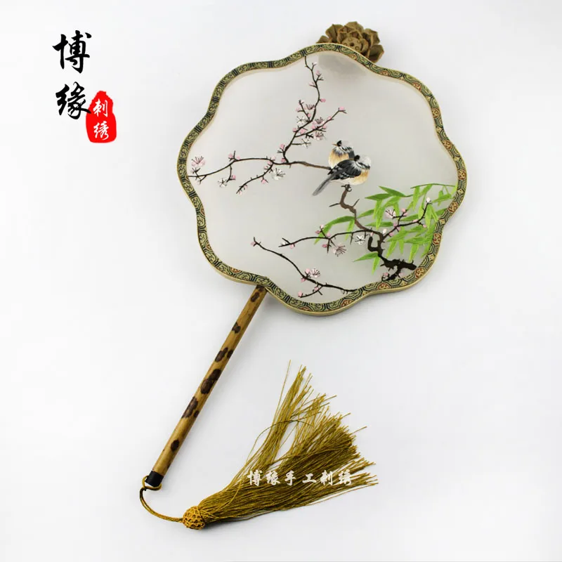 Сучжоу птицы цветы вышивка дворцовый веер Чистая ручная вышивка Бутик двухсторонняя вышивка группа веер китайский стиль