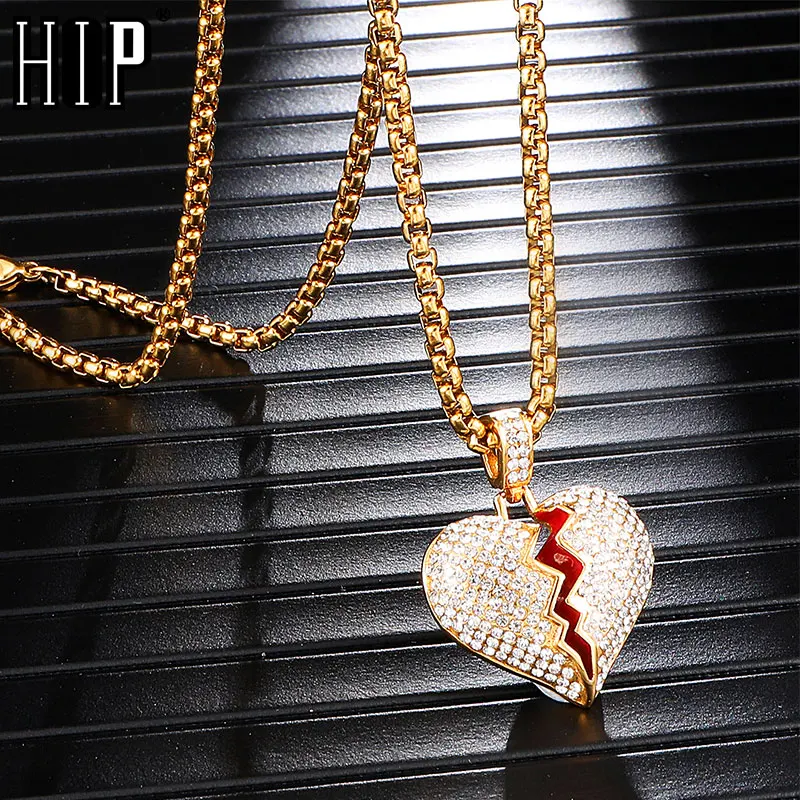 

Hip Hop Iced Out Full Rhinestone Heart Breaking Stainless Steel Pendant & Necklace For Men Women Jewelry With Chain Dropshipping