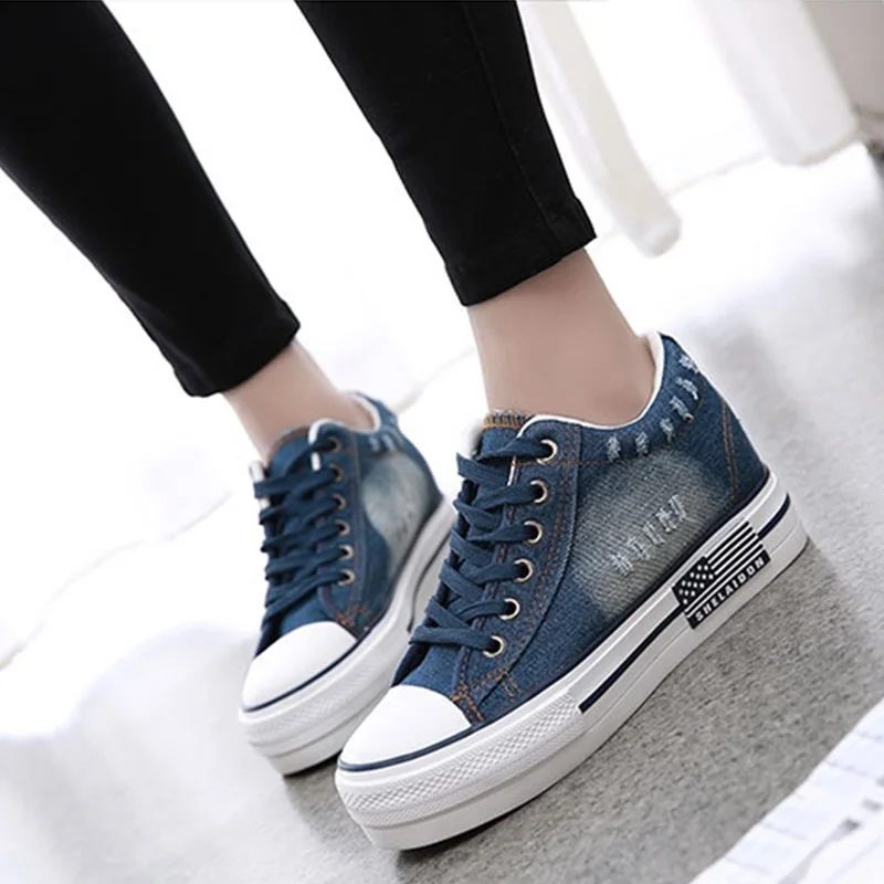 Women Casual Denim Canvas Shoes Spring Summer Ladies Sneakers Lace Up