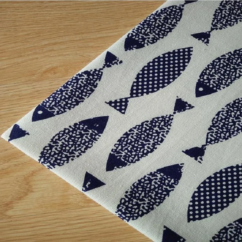 Различные размеры Рыба Печать Белый хлопок лен холст льняная ткань для украшения дома на 150 см для стеганное лоскутное шитье