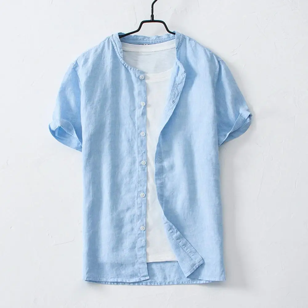 Shirt Summer Men Blouse Tops Camisas Masculina Cotton Cool Thin Breathable Solid Color Button Short Sleeve Shirt Chemise Homme C