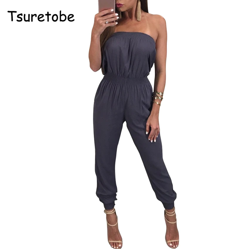 Tsuretobe 2017 Bodycon Solid Color Elegant Jumpsuits Backless Strapless