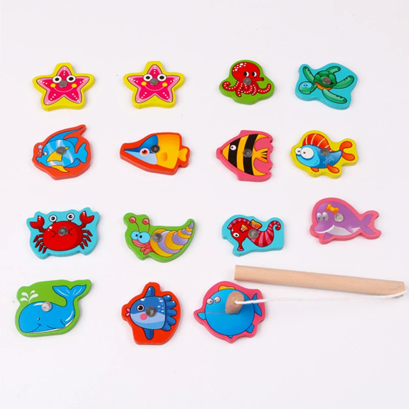 15 шт Детские Цифровой деревянные бусины игрушечная рыбалка комплект морской биологический познание Магнитный Рыболовный набор игрушки для детей Подарки