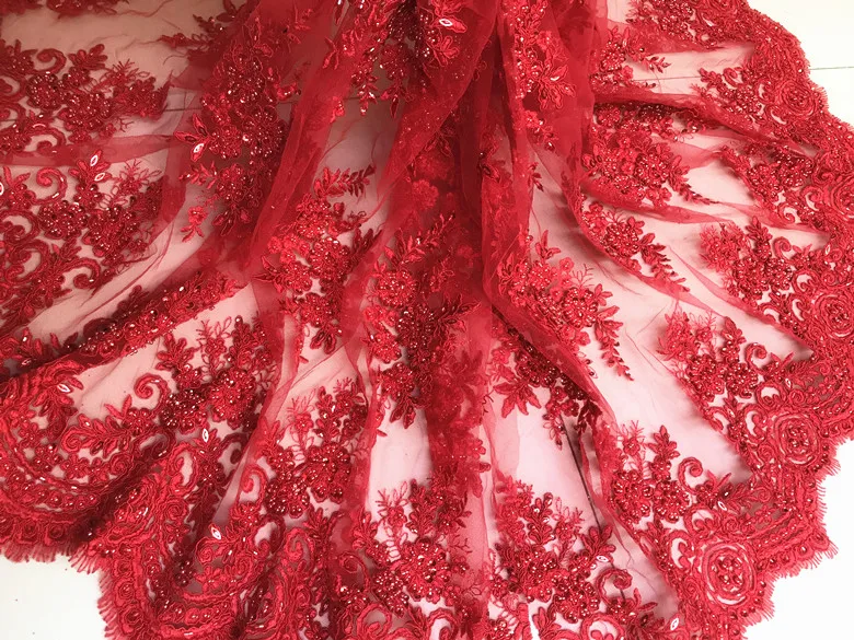 GLace 1Y/Lot Red beaded car bone lace fabric high quality custom clothing dress transparent embroidery TX195 | Дом и сад