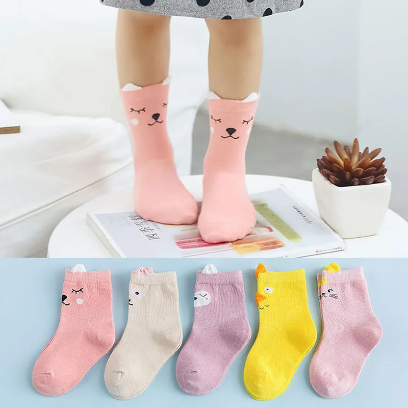 

5Pairs/Lot Kids Cartoon Socks Infant Girls Baby Anti Slip Cotton Seamless Sock With Ears Cats For Children Winter Warm Bebe Sock