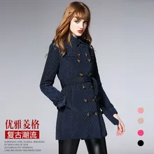 Brand new autumn and winter 2017 women cotton lapel Diamond-shaped grid jacket With Belt Slim and long sections coat female coat