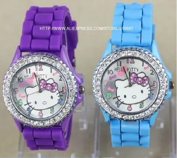 10pcs/lot Free ship by HK post Diamond crystal Hello kitty Silicone Band Quartz Wrist Watch For Unisex Gift 7 Color Available |
