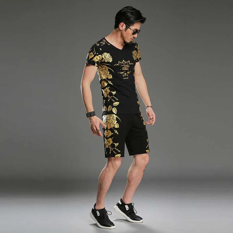 Summer Short Sets Tshirt with Short 2PCS Set Floral Printed Tracksuit Men Casual T Shirt Short SLeeve Sweat Suits Male Clothing