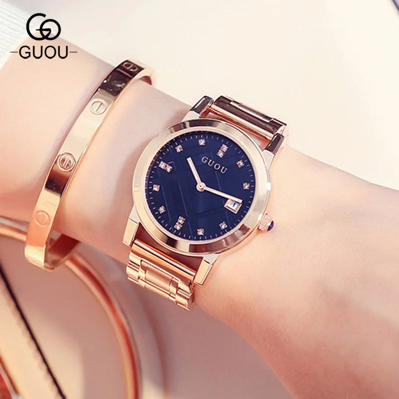

GUOU Top Brand Women Luxury Rhinestone Clock Female Girls Dress Calendar Bracelet Bangle Quartz Watch Woman Wristwatch GU003