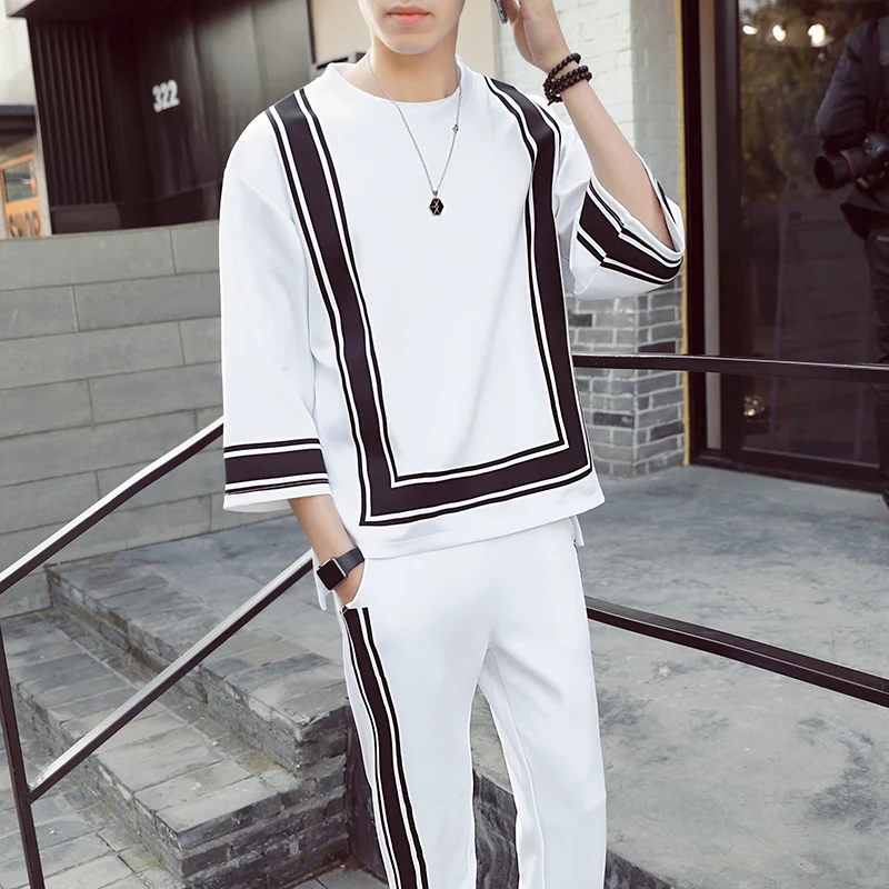 

loldeal Vintage Track Suit Spring Jogger Sporting Tracksuit Hip Hop Mens Set Contrast Square Shape Hit color Suit Black White