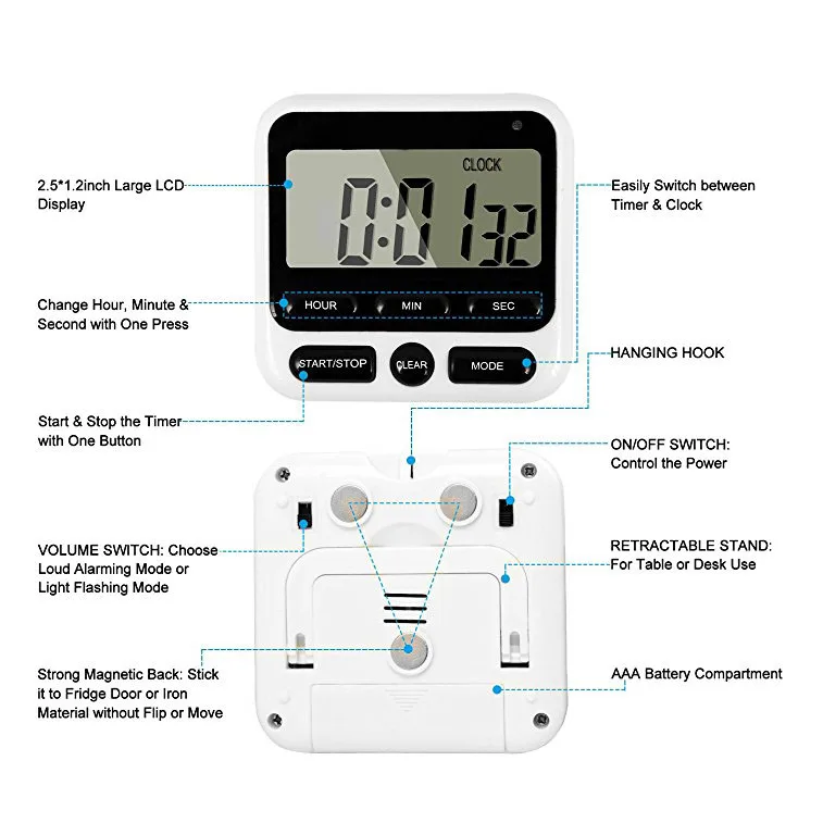Loskii KC-05 Upgraded 24-Hours Digital Kitchen Clock Cooking Timer Countdown Multifunction with Big Digits Loud Alarm Magnetic Backing Stand Memory for Cooking Baking Exercise
