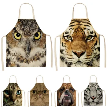 

1Pcs Cat Tiger Dog Owl Printed Kitchen Apron Sleeveless Cotton Linen Aprons For Cooking Home Cleaning Tools 53*65cm MA0058