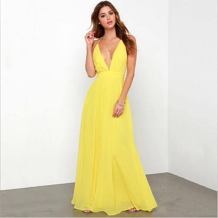 vestido de festa 2017 Simple Yellow Long Evening Dresses Sleeveless V ...