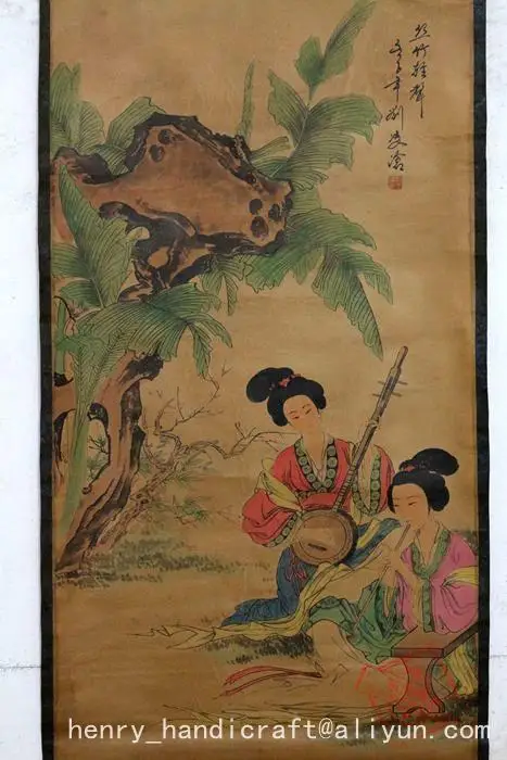 

Antique QingDynasty Hand-painted Chinese calligraphy painting--Female Ensemble,decoration murals, crafts /collection & adornment