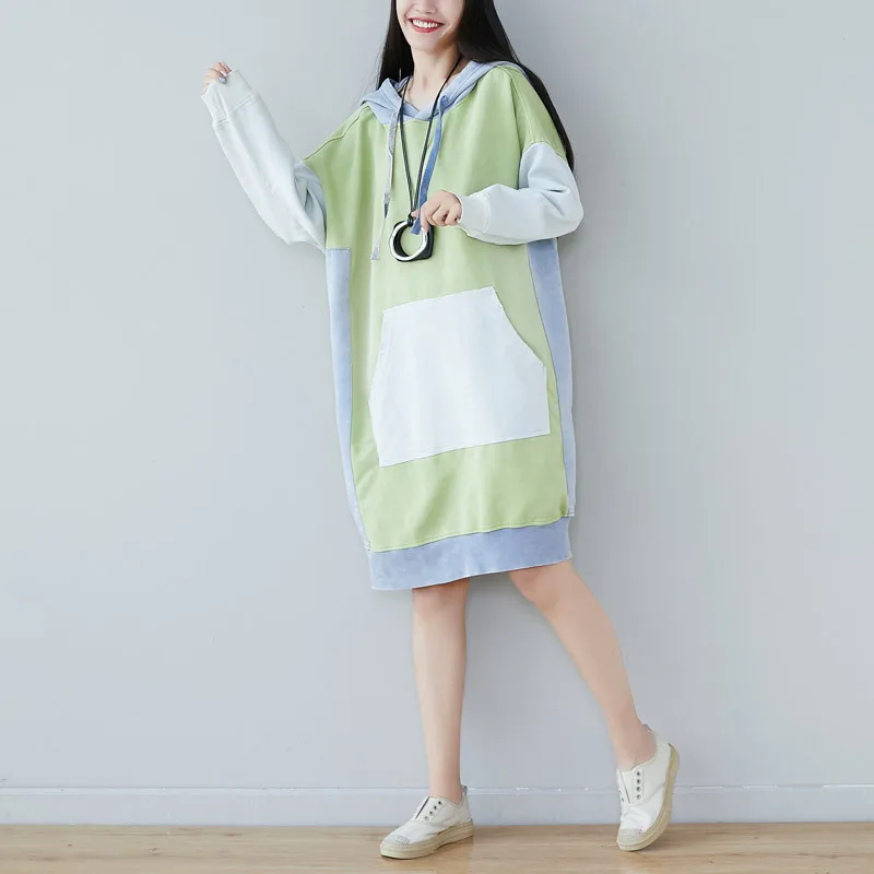 

Japanese Harajuku Oversize Hooded Dress Patchwork Long Hoodies Sweatshirt Casual Knitted Baggy Pullovers Plus Size Retro Robe