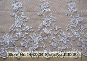 

Fashion Lace fabrics for Wedding Dress, Swiss Voile Silver Cord Lace with White Flower Appliques