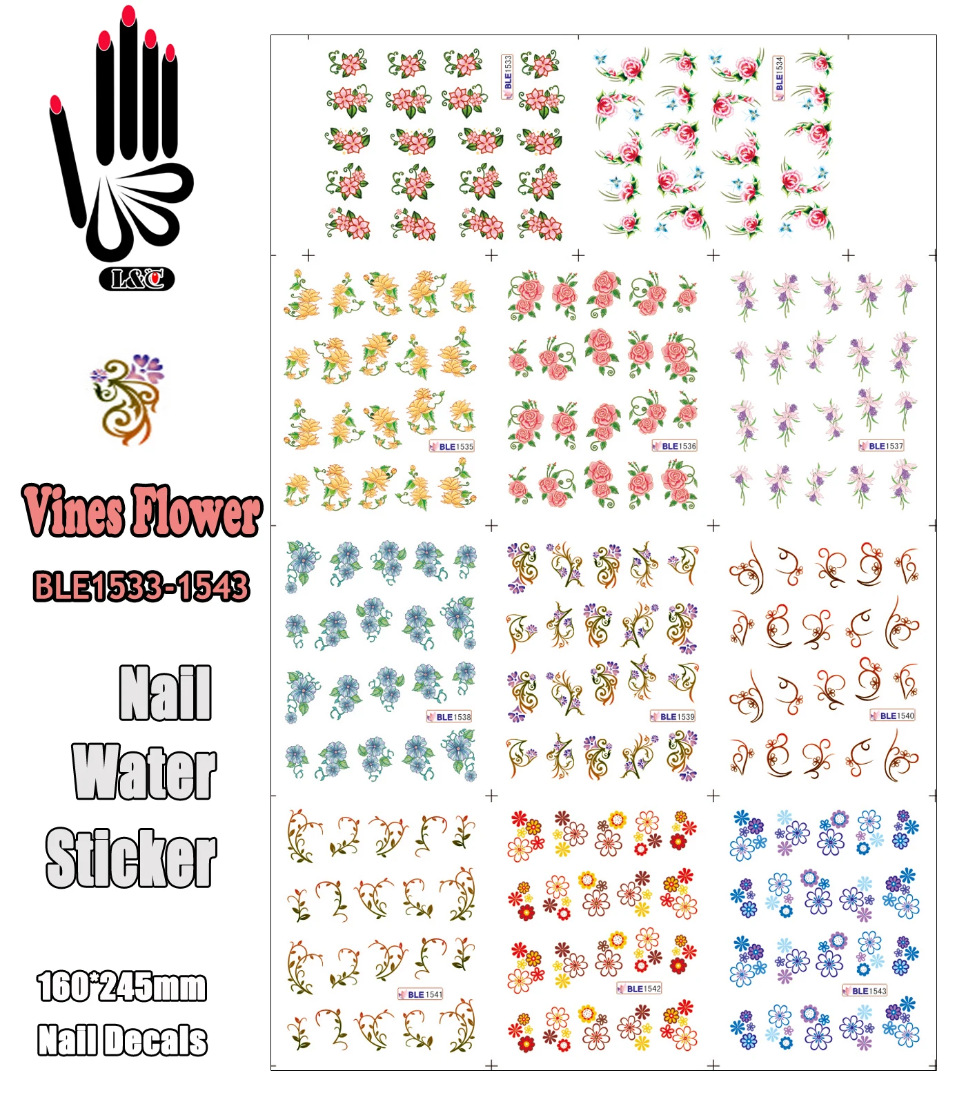 11 Sheets/Lot Nail Water Decal BLE1533 1543 Colorful Vines Flower Nail