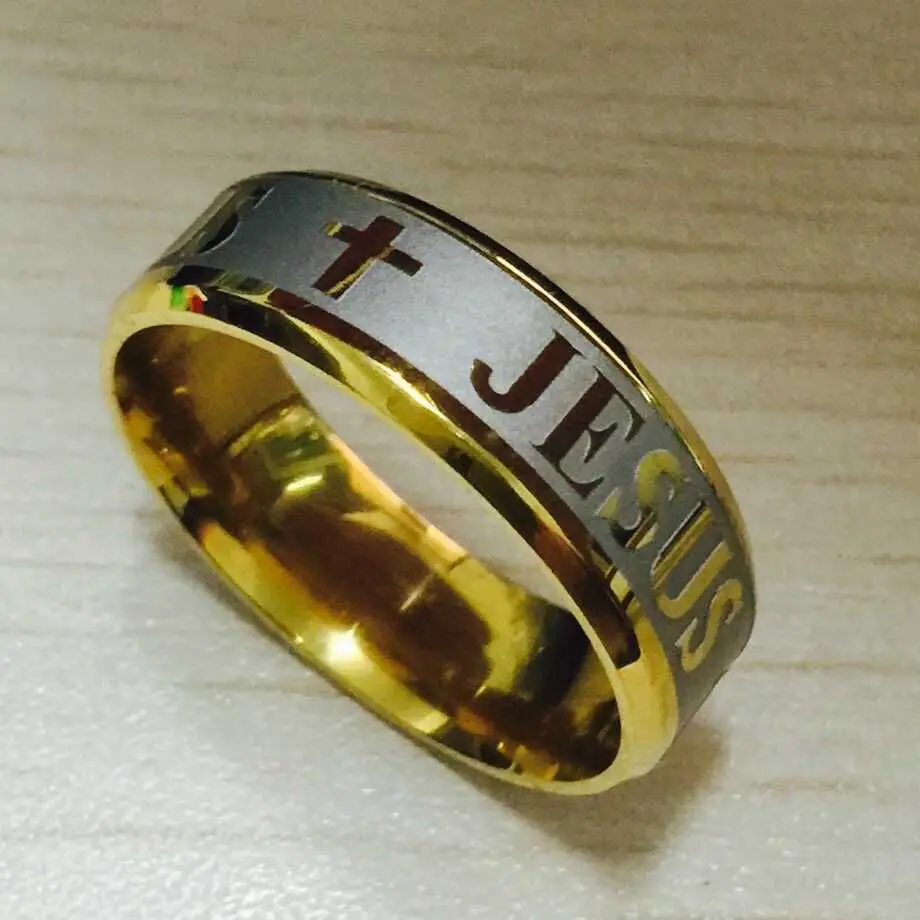 High quality large size 8mm 316 Titanium Steel 18K silver gold plated jesus cross Letter bible wedding band ring men women