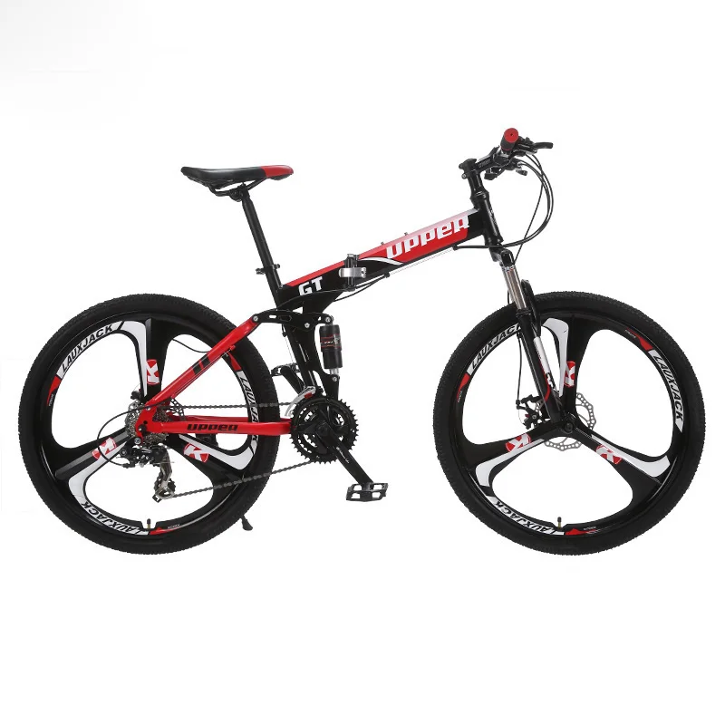 UPPER Горный велосипед складная стальная рама дисковые тормоза 24 скорости Shimano 26" литые диски MTB Mountain Bike - Цвет: Black Red