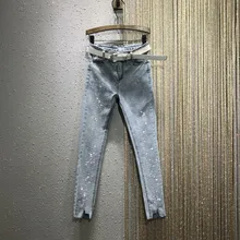 Европейская Коллекция весна-лето, женские обтягивающие тонкие джинсы, блестящие джинсовые штаны длиной до щиколотки, женские узкие брюки