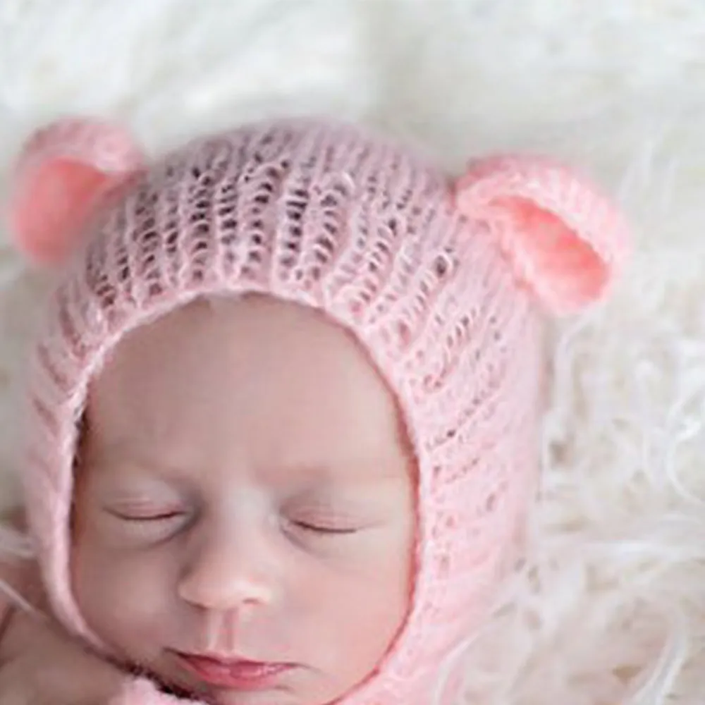 Милый ребенок вязание мультфильм медведь уха шляпа для фотографирования новорожденных реквизит шапки крючком хлопок детские реквизит фото кепки