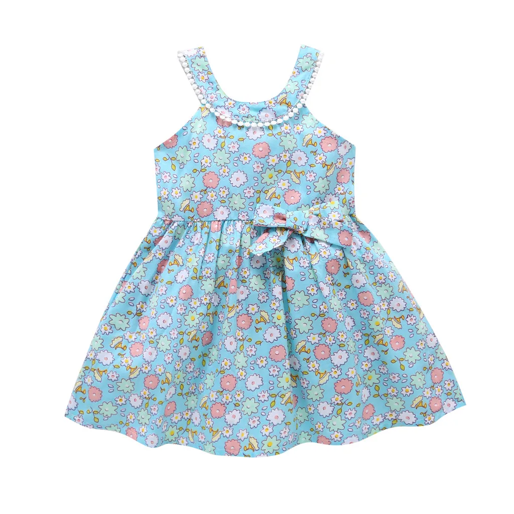 

Personality flower print cute bow sleeveless dress sweet Girls Summer Clothes Flower Print Bowknot Party Princess Dress F4