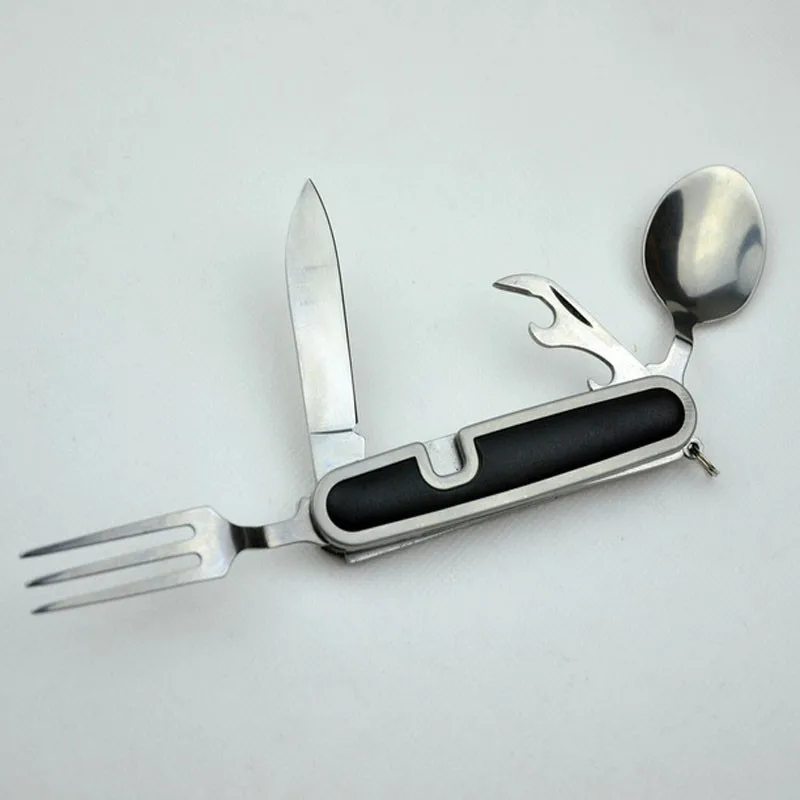 4 en 1 al aire libre vajilla (horquilla/cuchara/cuchillo/abrelatas de botella) camping DE ACERO INOXIDABLE plegable bolsillo Kits para senderismo supervivencia de viaje