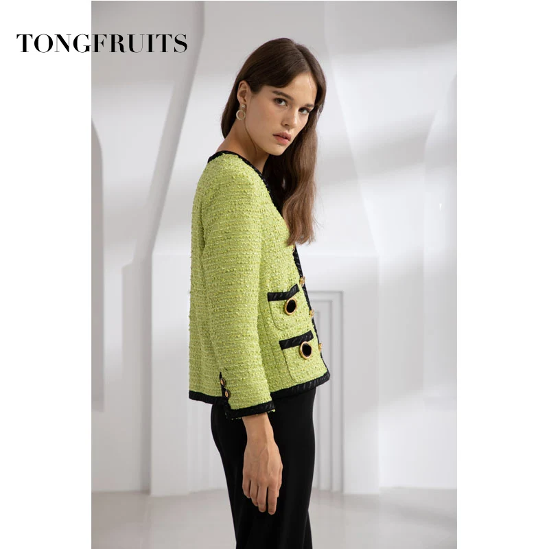 Women Autumn Elegant Retro Splice Solid Color V Neck Single Pocket Breasted Casual Suit Jacket Women Coat Female Green Outwear