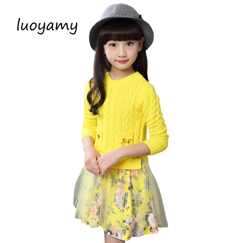Luoyamy осень зима обувь для девочек Дети цветок кружево Лоскутная одежда 2017 младенческой детский костюм Маленьких платья принцесс